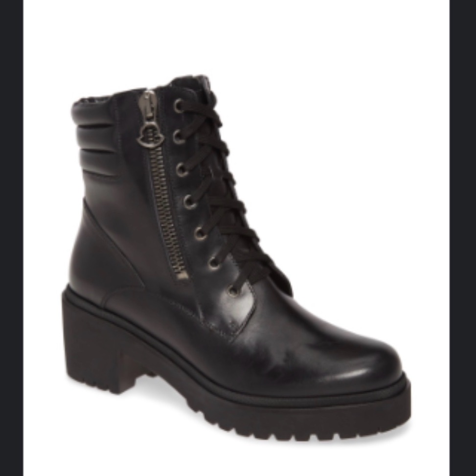 Moncler Black Leather Lug-Platform Combat Boots With Side Zip